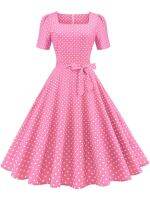 【Ladies shop】ผู้หญิง Elegantdress แขนสั้นคอสี่เหลี่ยม Polka DotMidi Party Sundress Vestidos