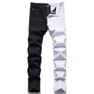 【CW】New mens male 2022 American style fashion stitching two-color blue and black trend stretch jeans trousers denim pants
