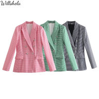 Willshela ผู้หญิงแฟชั่นพื้นผิว Houndstooth ลายสก๊อต Double Breasted Blazer Notch คอยาวแขน Chic Elegant หญิง Office Lady Casual Slim Fitting Jacket ชุดเสื้อ