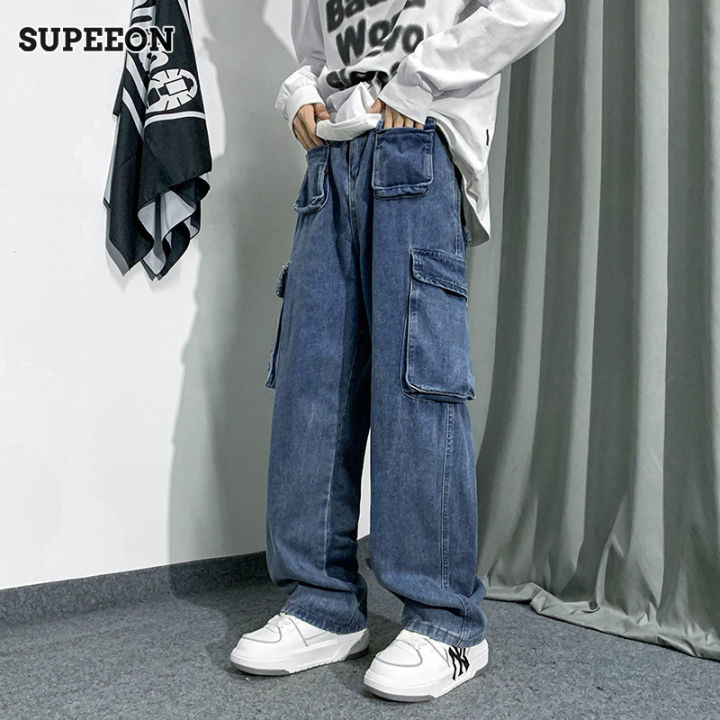supeeon-เรียกกางเกงยีนคาโก้ของผู้ชายกางเกงขากว้างมีกระเป๋าหลายแบบกางเกงลำลองหลวมดีไซน์แบรนด์น้ำขึ้นน้ำลง