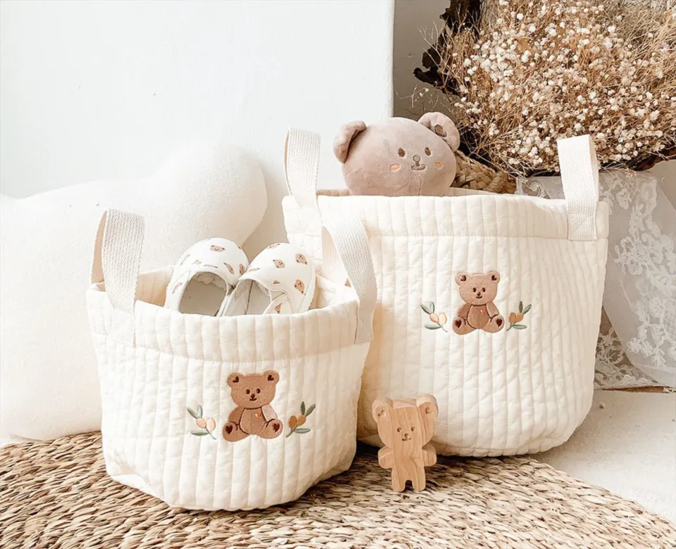 INS Beige Cotton Embroidery Storage Basket, Baby Diaper Cloth Bag