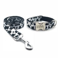 Personalized Cow Pattern Pet Collar Custom Puppy ID Tag Adjustable Cat Accessory Black White Basic Dog Collars Leash Set