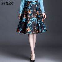 Ladys Blue Print Skirt New Spring Autumn High Quailty High Waist Mid-Length Office Lady Elegant Skirt