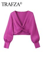 TRAFZA Summer V-Neck Lantern Sleeve Slim Shirt Sexy Womens Cropped Top Fashion Knotted Silk Satin Womens Textured Tops