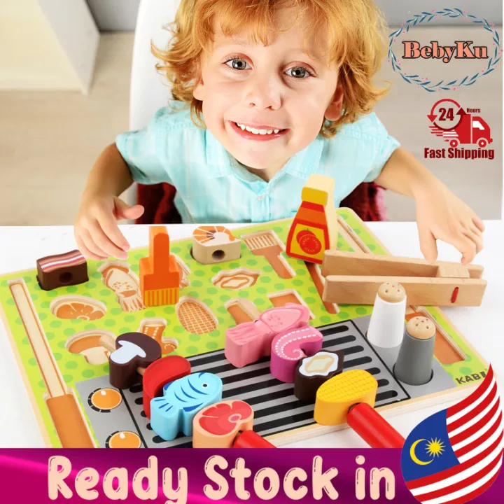 Bebyku Wooden Kitchen Playset Kids Pretend Play Cooking Toy Cutting BBQ
