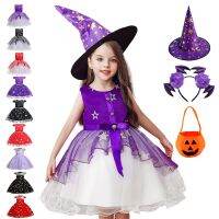 【cw】 Halloween Witch CostumeWitchUp Hat Ruffle Tulle TutuChristmas Kids EveningStar Embroidery Dresses ！