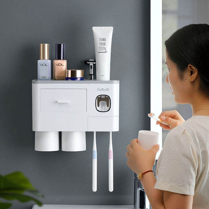 bathroom-accessories-organizer-holder-set-toothbrush-holder-wall-mount-automatic-toothpaste-dispenser-make-up-storage-rack