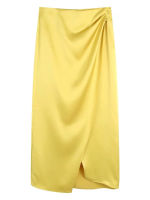 Woman Elegant Yellow Irregular Satin Midi Skirt 2022 Spring Sweet Solid Pleated Skirts Ladies Solid Basic High Waisted Skirt