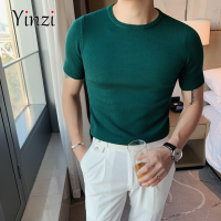 YINZI Men Slim เสื้อกันหนาวแขนสั้น O-Neck เสื้อยืดถักสีทึบเสื้อยืดชาย Tshirt