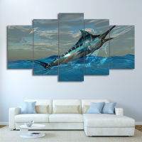 Canvas Frame Modular Print Living Room Decor Pictures 5 Pieces Jumping Marlin Tuna Fish Painting Wall Art Poster