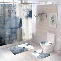 【Bathroom sale】ภาพวาด MarbleArt สีฟ้าพร้อมพรมปูพื้นกันลื่นผ้าม่านห้องน้ำ Olyester พร้อมตะขอของขวัญ