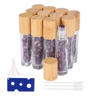 12/24Pcs 10Ml Purple Natural Gemstone Roller Ball Bottle With Bamboo Lid Refillable Perfume Essential Oil Glass Roll On Bottles