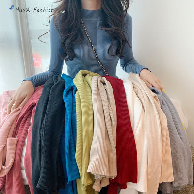 HuaX ผู้หญิงถักเสื้อกันหนาวครึ่งคอเต่าหลายสี Bottoming เสื้อแขนยาวสไตล์เกาหลีเสื้อสวมหัวท็อปส์