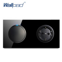 Wallpad 1 Gang 2 Way EU 16A German Socket Crystal Tempered Pure Black Glass Panel Wall Power Socket Outlet Grounded