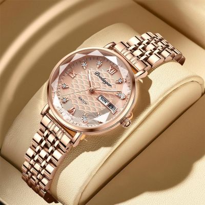 （A Decent035）POEDAGAR WomenFashionGold SteelWatchLuminous Week Date SwissLadies Wristwatch Bracelet