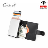 Contacts RFID ปิดกั้นหนังม้าบ้าผู้ชายกระเป๋าสตางค์ผู้ถือบัตรเครดิตอลูมิเนียมกล่องอัตโนมัติ pop up กรณีบัตรสำหรับผู้ชาย