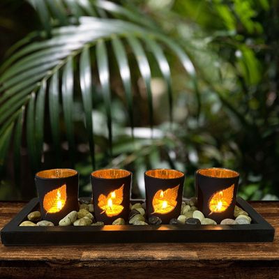 Black Leaf Hollow Candlestick Wooden Creative Set Glass Candle Table Crafts Decorative Ornaments Home Decor