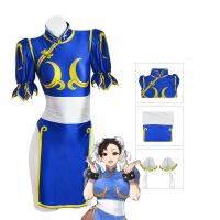 เครื่องแต่งกายวันฮาโลวีนสำหรับผู้หญิงชุดชุดคอสเพลย์ SF Chunli ชุดเล่นตามบทบาทชุดคริสตตกาลสีน้ำเงินเครื่องแต่งกายทั้งชุดแจ็กกี้กังฟูชุดพรรคฮาโลวีนเพื่อความสนุกสนาน