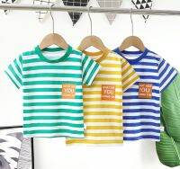 Babyonline(Y203)M4 เสื้อยืดแขนสั้นลายทางสกรีนลายอักษร มีแถบป้องกันเหงื่อ ผ้าฝ้าย นิ่ม ระบายอากาศ