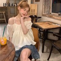 IELGY เสื้อเชิ้ตผู้หญิงสไตล์ญี่ปุ่น,สไตล์อ่อนโยนเสื้อ Atasan Sifon แขนสั้นทรงหลวมเปิดไหล่