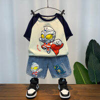 Ultraman Childrens Short-Sleeved Suit Summer Fashionable Children Handsome Boy Fashionable T-Shirt Denim Shorts Two-Piece Set