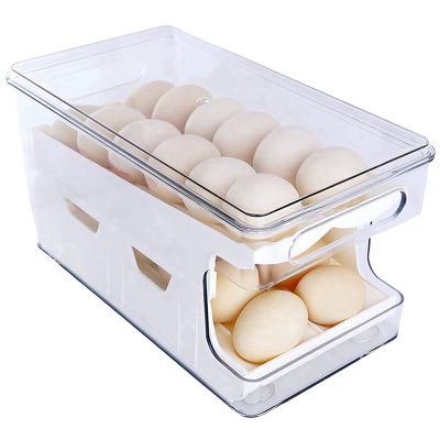 2 in 1 Egg Holder for Refrigerator , Clear Rolling Egg Dispenser for Refrigerator 24 Egg Storage Container Tray