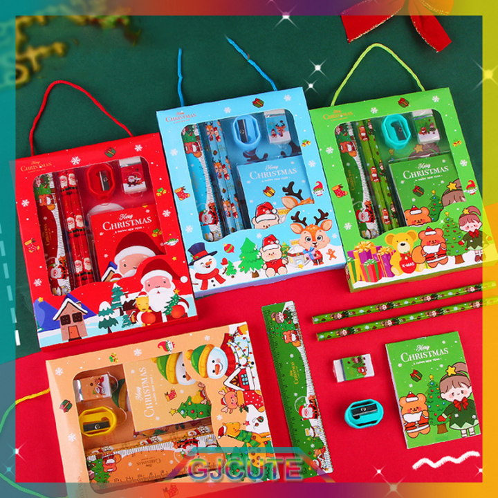 gjcute-6pcs-christmas-stationery-set-ดินสอเหลายางลบไม้บรรทัดชุดของขวัญสำหรับเด็ก-school-office-writing-supplies