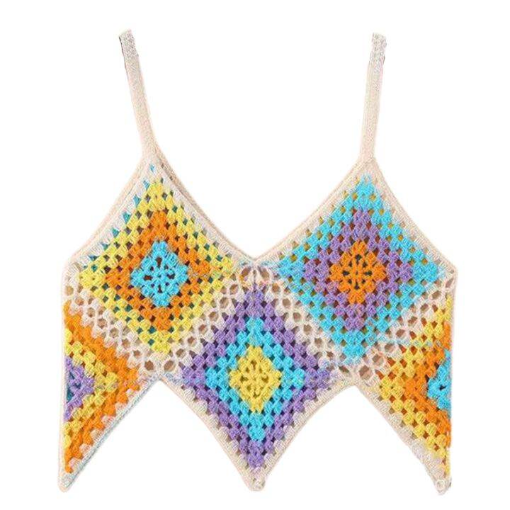 ผู้หญิง-boho-โครเชต์ถักแขนกุด-camisole-multicolor-rhombus-ลายสก๊อตเซ็กซี่-v-คอ-crop-top-ไม่สม่ำเสมอ-hem-slim-beach-vest