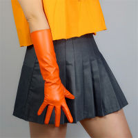 2021LONG GLOVES Faux Leather Lambskin Sheepskin PU 28" 70cm Opera Evening Orange Female Leather Gloves WPU183