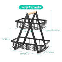 Detachable Fruit Basket with Portable Wooden Handle Double layers Large Capacity Carbon Steel Fruit Holder for Fruits