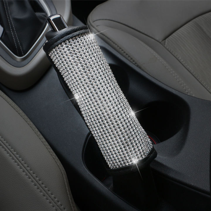 bling-bling-car-gear-shift-cover-seat-belt-cover-waist-support-neck-pillow-wheel-cover-crystal-diamond-car-decor-accessories-set