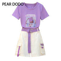 PEAR DODO เสื้อยืดแขนสั้นแฟชั่นเกาหลี,ชุดสองชิ้นสำหรับผู้หญิง