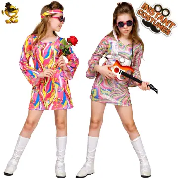 2pcs set Hippie Clothing Women's 60s 70s Hippie Dress Fancy Disco Costume  for Carnival Party cosplay with Headband