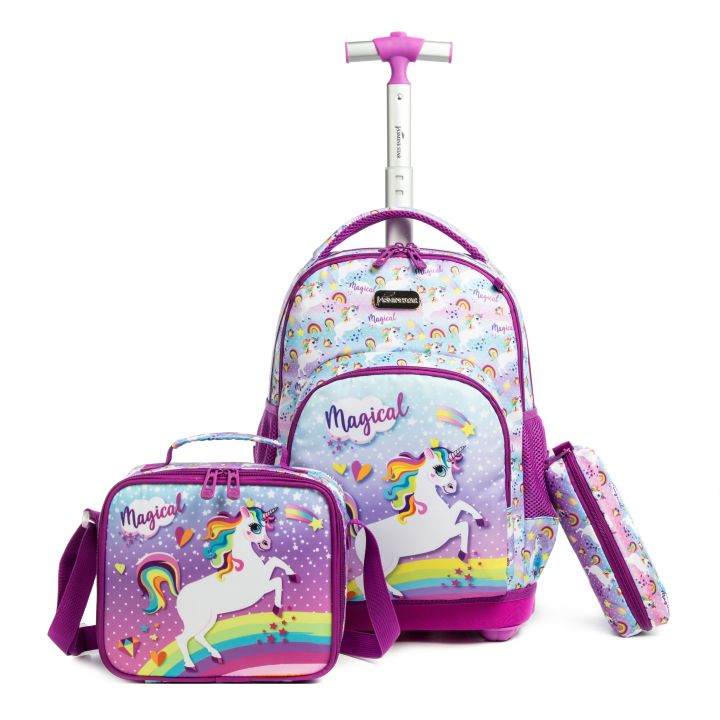 School Wheeled Backpack For Boys Kids Rolling Backpack 3Pcs Set Lunch Bag School Trolley Bag For Girl School Rolling Luggage Bag
