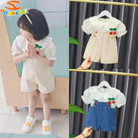 HOBIBEAR Girls Casual Suspenders Trouser Set Floral Two-Piece Baby Lapel Shirt Short Sleeve Set