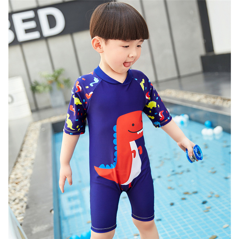 Boys Two Pieces Rash Guard Swimsuits Kids Short Sleeve Sun Suit Dinosaur Swimwear Set Navy Blue 