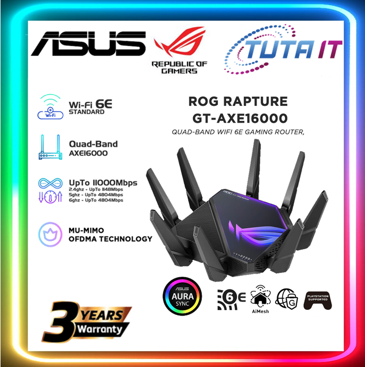 Asus AXE16000 WiFi 6E Quad-band ROG Rapture GT-AXE16000 Gaming Router 6GHz  Band Dual 10G Port AiMesh Support, Extendable Router Lazada