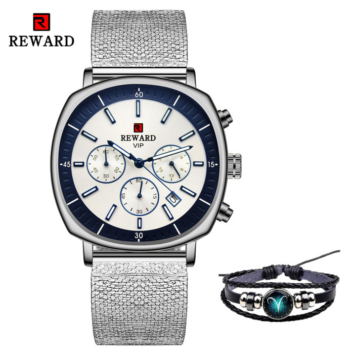2021REWARD Casual Sports Watch for Men Top Brand Luxury Stainless Steel Mesh Wrist Mens Clocks Waterproof Chronograph Watches 82026