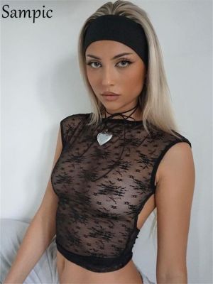 △ Sampic Mesh Lace Sexy Sheer Backless Crop Top Women Y2K Summer See Through Sleeveless Tank Top Party Clubwear Black
