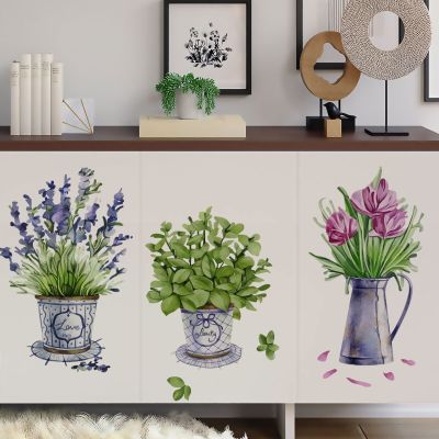 PVC Watercolor Flower Pots Wall Sticker for Kitchen Room Decor Salon Furniture Decorative Sticker for Living Room Home Decor
