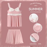 Women Pajamas Summer Cute Pink Bows Womens Sleeveless Suspenders Two-piece Sleepwear Korean Sweet Girl Home Suits Sexy Pyjamas