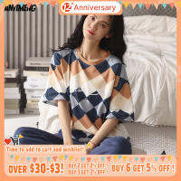 New Summer Coloured Plaid Fashion Womens Pajama Sets 100 Cotton Loungewear Lingerie Homeclothes Close Skin Material Sleepwear