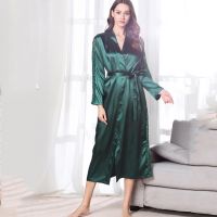 COD SDFGERGERTER Long Nightgown Bathrobe Womens Robe Bath Gown Faux Ice Silk Sleepwear Casual Nightwear Solid Color Lace Long Sleeves For Summer Spring