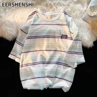 EERSHENSHI เสื้อยืดแขนสั้นลายทางคอกลมผู้ชาย,เสื้อยืดทรงหลวมสไตล์ฮ่องกงทรงหลวมเรียบง่ายญี่ปุ่นฤดูร้อน