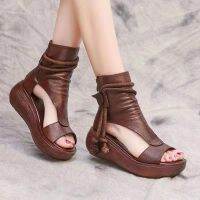 COD DSFEDTGETEER 2021 Sandal Bertumit Baji Tinggi Tinggi Baru Kasut Rom Fesyen Kasual Wanita Kulit Lembut Bertapak Tebal Fishion/2021 New High-Top Heightened Wedge-Heeled Sandals Roman Shoes Womens Casual Fashion Soft Leather Thick-Soled Fishion