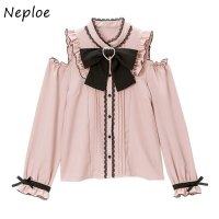 Neploe O Neck Lace Patchwork Bowknot Off-shoulder Shirts Vintage Blusas Mujer De Moda 2023 Long Sleeve Single-breasted Blouses