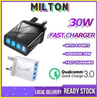 ♤ tqw198 30W Fast Charging Adapter 4 USB Port Phone Charger Adapter QC 3.0 UK Plug Adapter Universal Kepala Charger 充電器