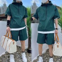 【Hot Sale】 2023 mens summer new casual loose two-piece suit fashion hooded tooling solid trendy