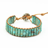 JoursNeige Green Hand Weaving Boho สร้อยข้อมือหินธรรมชาติสร้อยข้อมือหนังเดี่ยว Cuff สร้อยข้อมือวินเทจแฟชั่น Jewelry