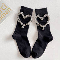 Love Heart Diamonds Black Cotton Socks Women Modis Korean Autumn And Winter